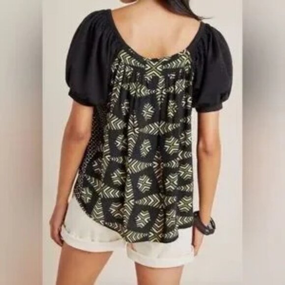 Anthropologie Maeve Catania Green Black Puff Sleeve Boho Peasant Top M - Picture 2 of 9